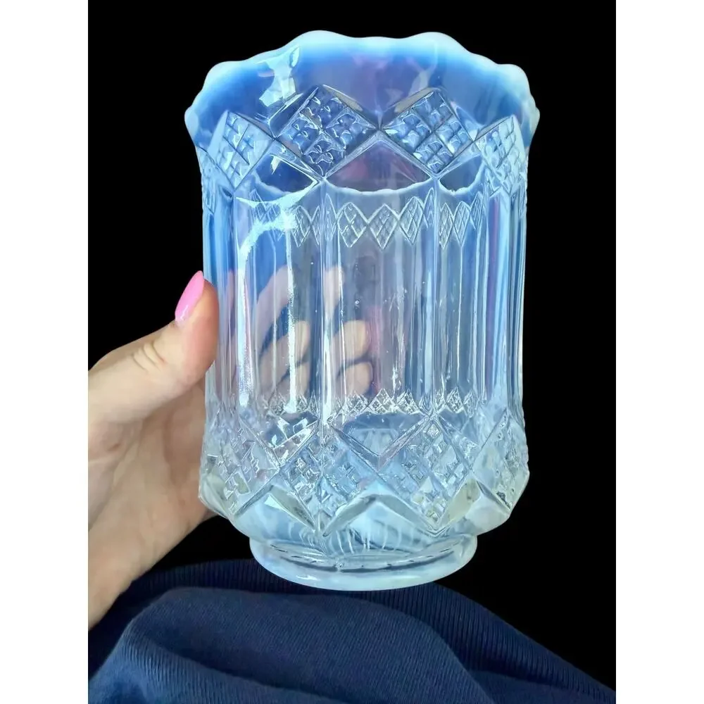 Mosser White Ice Blue Opalescent Glass Celery Vase Spooner